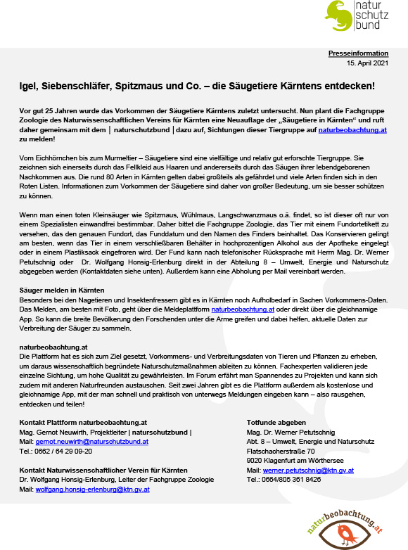 Saeugetiere in Kaernten Presseinformation